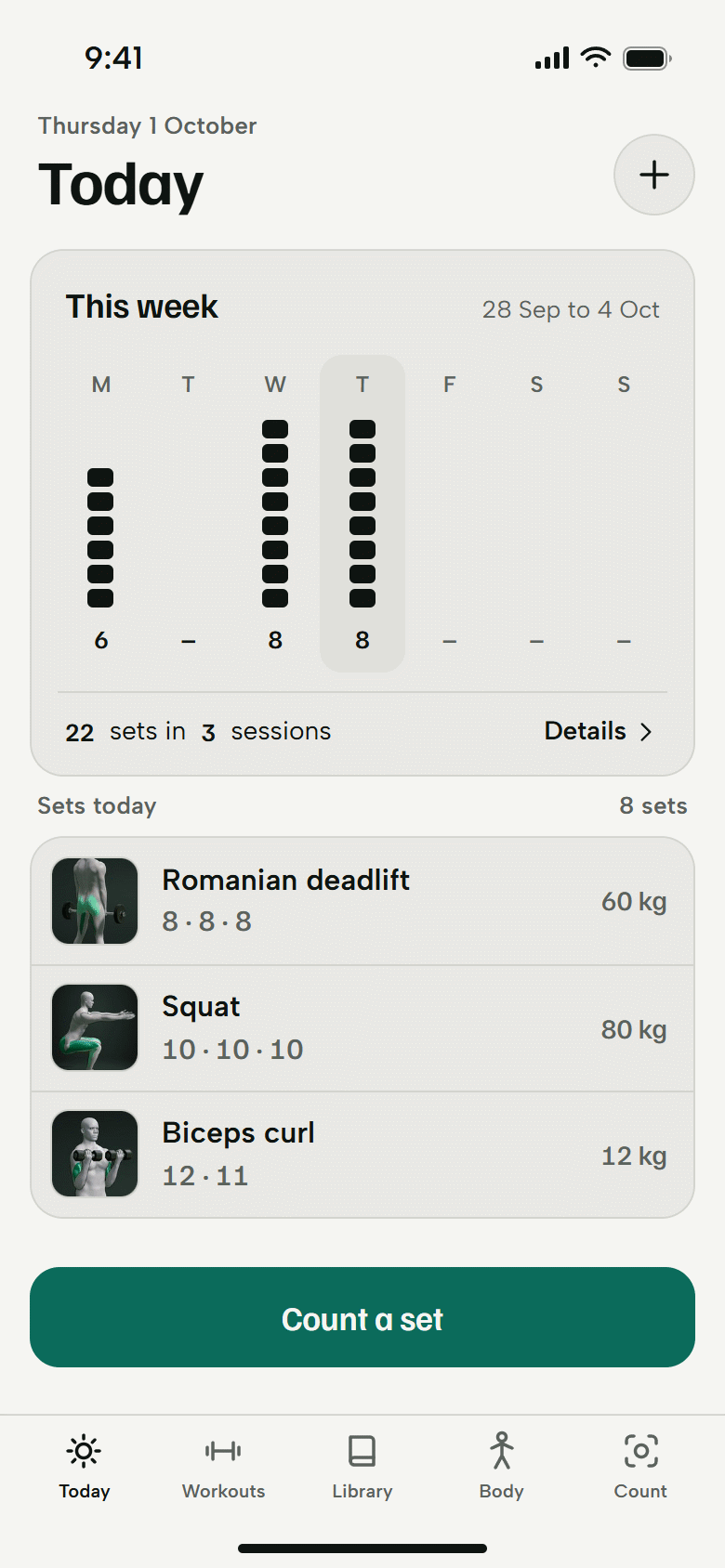 The Today screen. A bar chart of the week's sets, and today's three lifts with their sets and weights. Light theme.