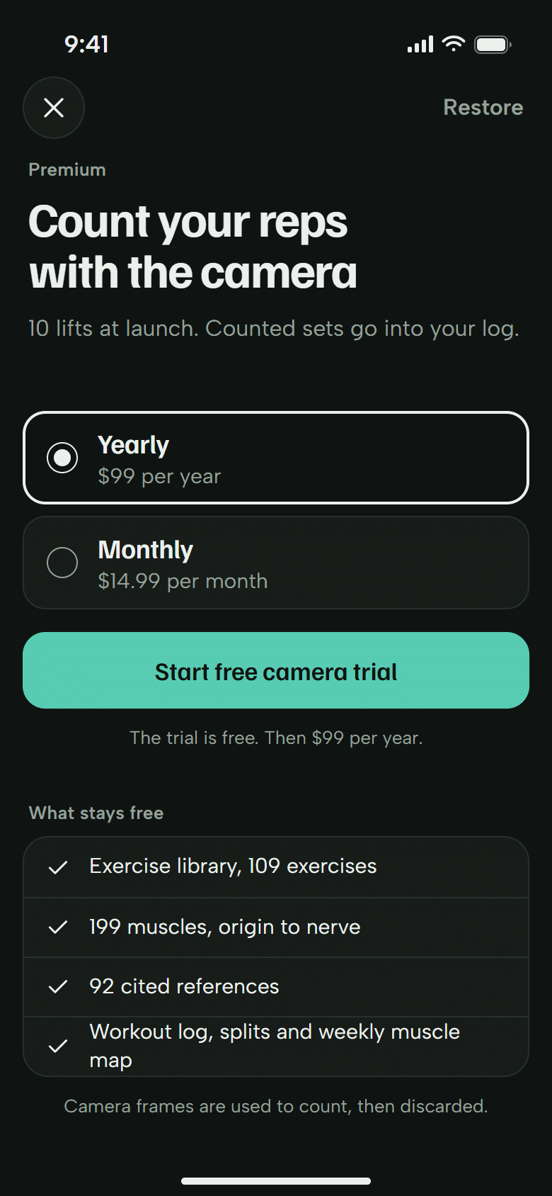 The Premium screen. Yearly and monthly prices, a free camera trial, and what stays free. Dark theme.