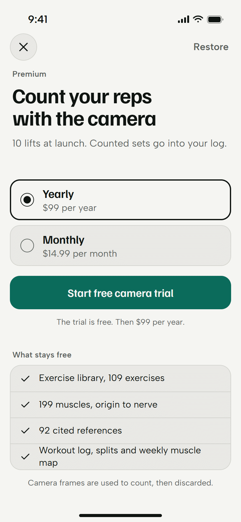 The Premium screen. Yearly and monthly prices, a free camera trial, and what stays free. Light theme.
