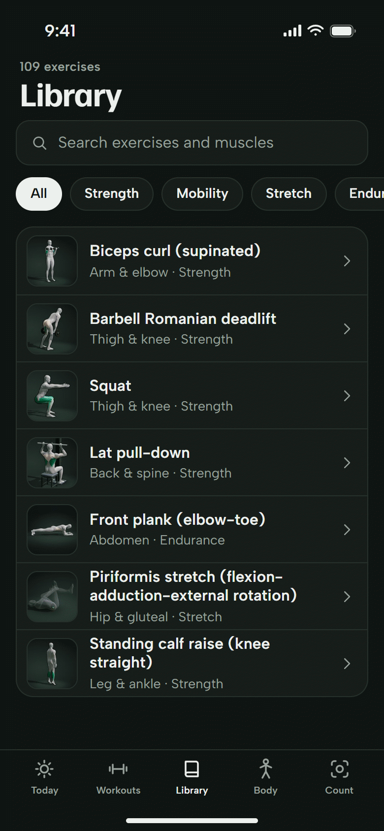 The Library screen. A search field, type filters, and exercises with a 3D thumbnail, body region and type. Dark theme.