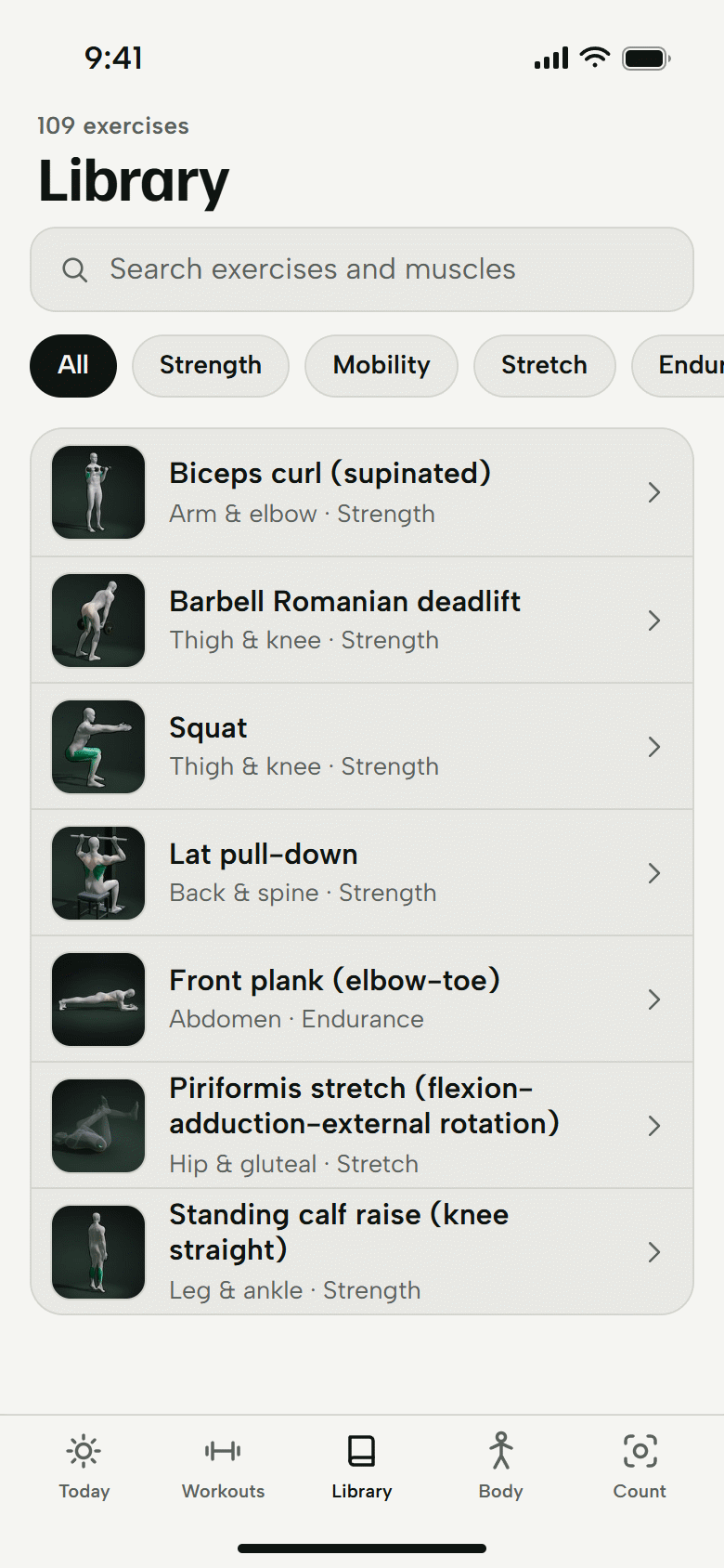The Library screen. A search field, type filters, and exercises with a 3D thumbnail, body region and type. Light theme.