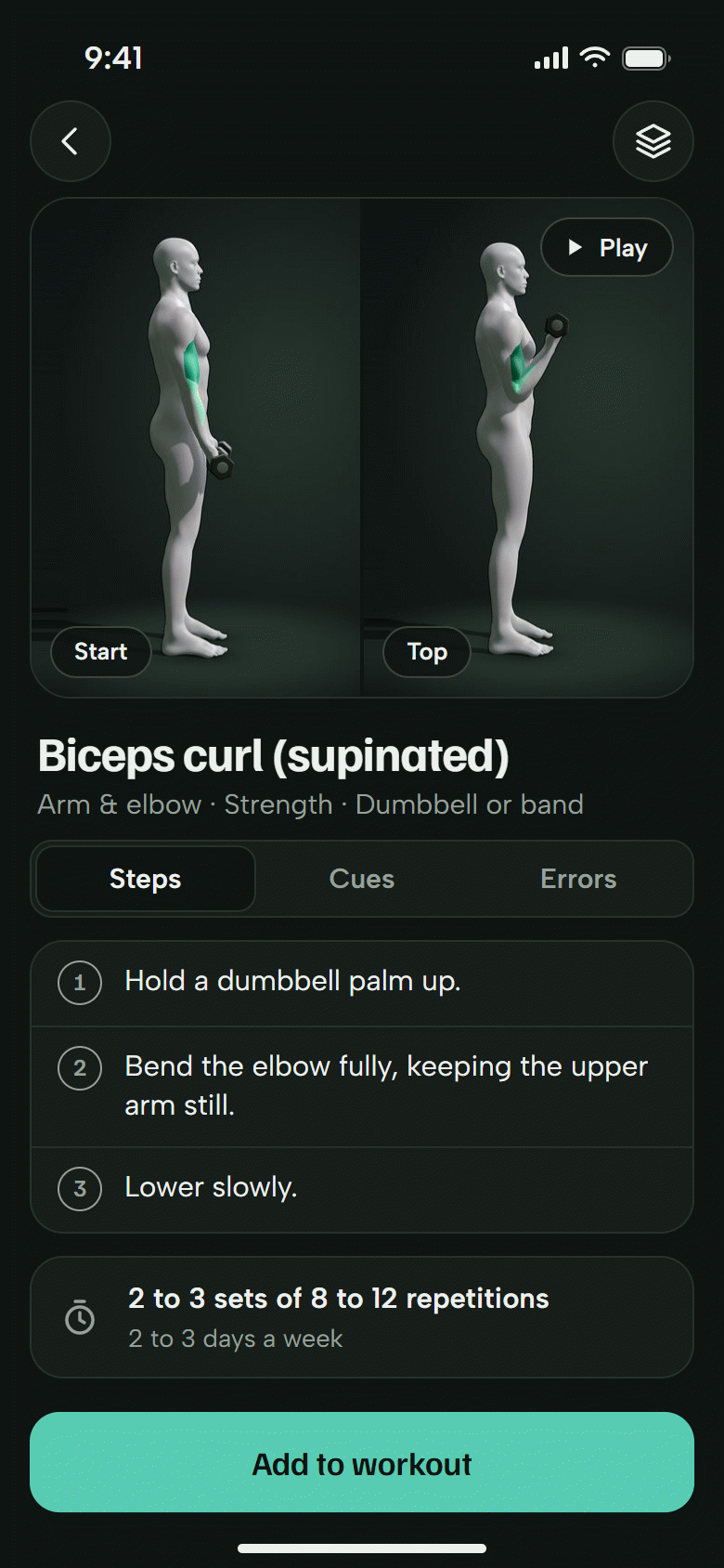 The exercise screen for the supinated biceps curl. The 3D athlete at the start and top positions, the three steps, and the dosage. Dark theme.