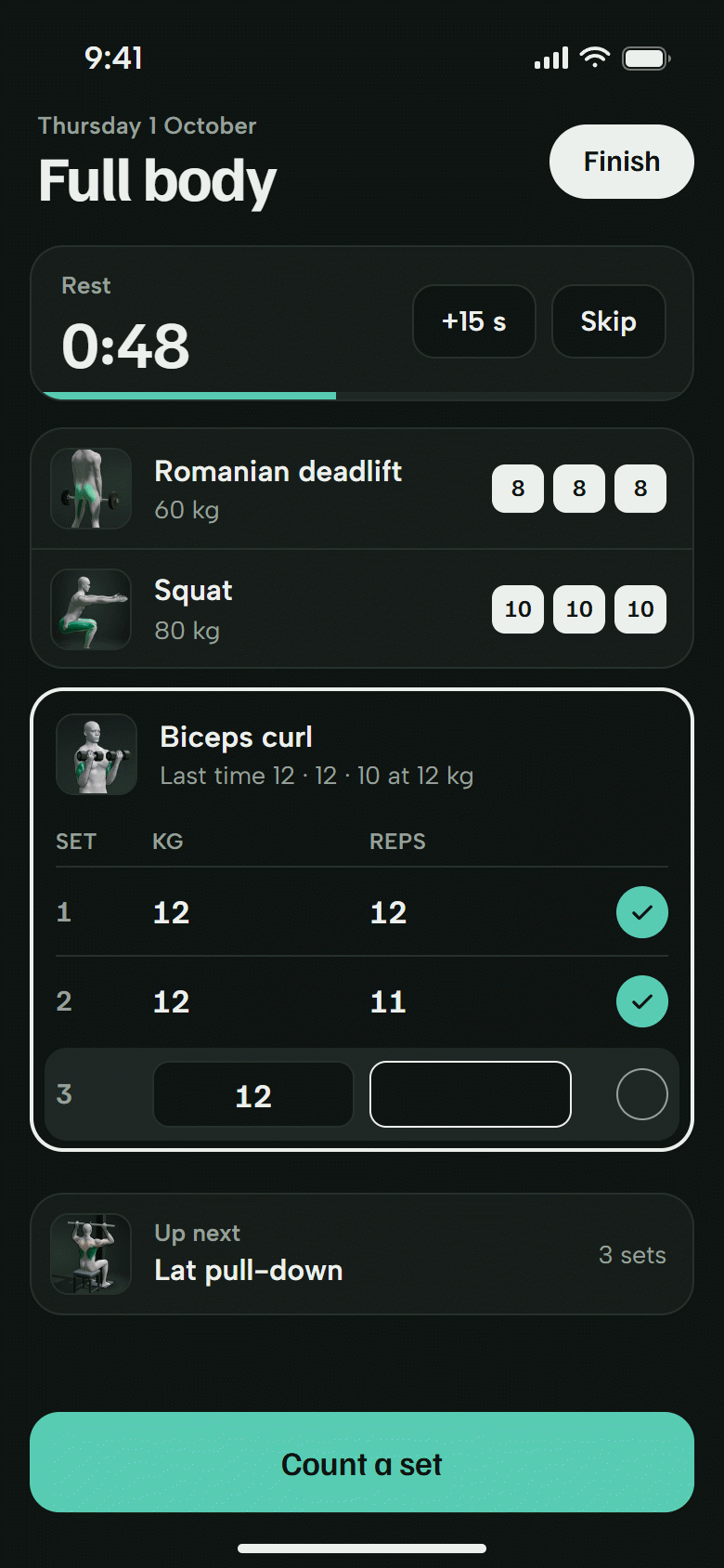 A full body workout in progress. A rest timer, two finished lifts, and the biceps curl with sets 1 and 2 logged and set 3 ready. Dark theme.