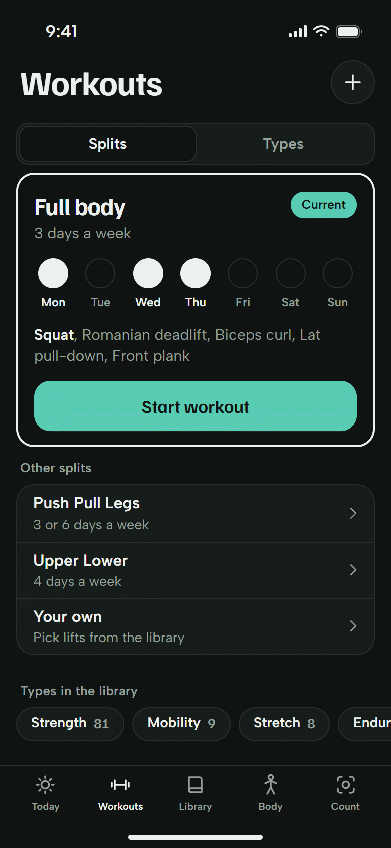 The Workouts screen. The current full body split with its three days, other splits, and exercise types with counts. Dark theme.
